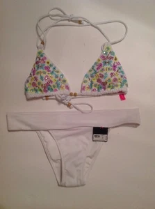 Costume da bagno Victorias Secret triangolo top paillettes S bikini brasiliano M nuovo con etichette bianco - Foto 1 di 8