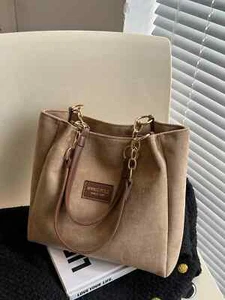 Bolso de Mano Grande de Gamuza Sintética para Mujer - Caqui | Bolso de Hombro Suave con Correas de Cadena - Imagen 1 de 6