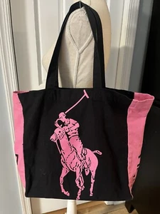 Ralph Lauren Polo 2000 Y2K Big Pony Canvas Large Tote Bag Shopper Pink & Black - Picture 1 of 8