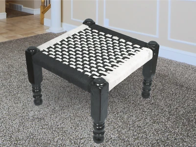 Ручной работы винтажный сплетенный джутовый веревочный и деревянный табурет | индийский джутовый муддха | традиции - Изображение 1 из 4