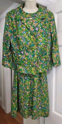 Vintage 50s 60s Neusteters Mod Floral Shift Dress Jacket Pink Green 2 Piece L XL - Image 1 of 4