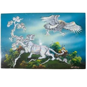 Vintage Vietnamesischer Abalone Tiger Adler blau lackiert Wandbild signiert - Bild 1 von 3