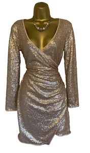 Lipsy Gold Nude Sequin Wrap Dress 10 Long sleeve Party Occasion Xmas Christmas - Picture 1 of 24