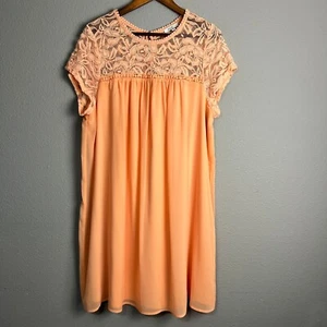 AUW Lace Top Chiffon Lined Dress Keyhole Peach Casual Party Cap Short Sleeve 3X - Picture 1 of 9
