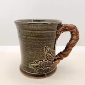 Hand Thrown Art Pottery Mug Leaf Handle Artist Signed - Picture 1 of 6