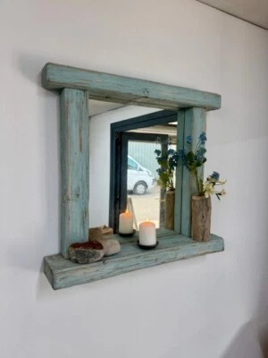 Pastel Blue Coastal Style Mirror with Shelf – Handmade Beach House Wall Mirror 6 - Image 1 of 4