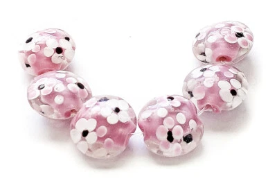 Cuentas de lentejas de vidrio murano hechas a mano rosa/blanco margaritas 19 mm 4 cuentas (#a89) Foto 1 de 4