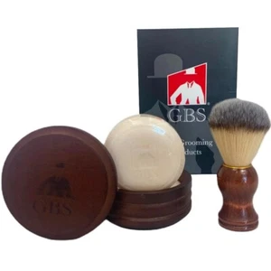 G.B.S Wooden Shaving Set, Synthetic Shaving Brush, Bowl w/ Lid and Shave Soap - Picture 1 of 4