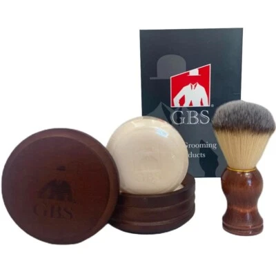 G.B.S Wooden Shaving Set, Synthetic Shaving Brush, Bowl w/ Lid and Shave Soap