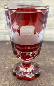 Biedermeier Fußbecher 19.Jh. Rubinrot Wiesbaden Hochbrunn Griechische Kapelle - Bild 1 von 15