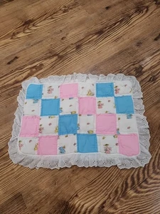 Vintage Baby pillow sham white w/Blue Pink Rabbit ruffle Lace 18x13  - Picture 1 of 8