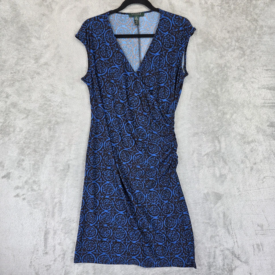 Lauren Ralph Lauren Dress Womens 12 Blue Brown Wrap Surplice Ruched Medallion - Image 1 of 4