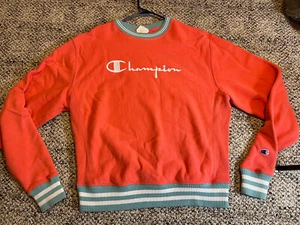 Vintage Champion Reverse Weave Hoodie Mens M Salmon Sweatshirt Spellout Sweater - Picture 1 of 7