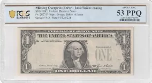 $1 1985 FRN FALTANTE ERROR DE SOBREIMPRESIÓN = SIN SERIES + SELLOS = PCGS Abt Unc 53 PPQ - Imagen 1 de 2