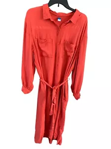Maxi Vestido Azul Marino Antiguo Para Mujer Talla XXL Naranja Quemado Camisa Abotonada Corbata Larga con Cinturón - Imagen 1 de 9