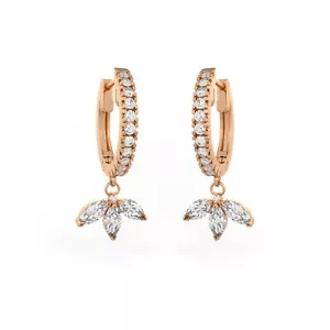 18ct Rose Gold Diamond Eternity Hoops pair with Marquise Lotus Charm Drop 0.92ct - Picture 1 of 10