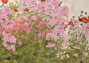 Kunstkarte: Linda Benton - Rosa Phlox u. Mohnblumen mit einem Schmetterling - Picture 1 of 1