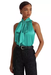Blusa sin mangas LAUREN Ralph Lauren cuello atado Charmeuse turquesa talla XS 1327 - Imagen 1 de 2