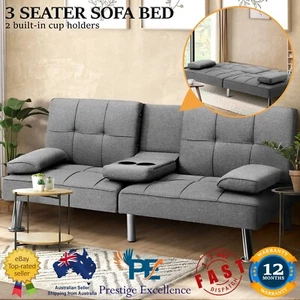 Sofa Bed Lounge 3 Seater Futon Couch Beds Chair Recliner Cup Holder Fabric Grey - Picture 1 of 8