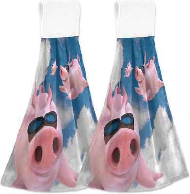 Divertidas toallas de mano de cerdo paquete de 2 lindas toallas colgantes de cocina rosa cerdito con lazo Foto 1 de 2