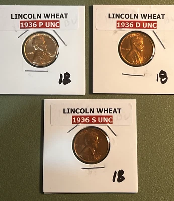 Lot of 3 - 1936 P D S SET Uncirculated Lincoln Wheat Cent Penny #18 - Image 1 of 4