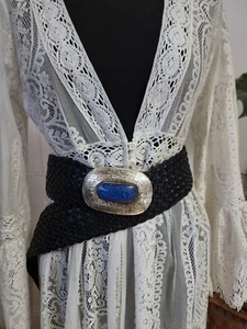 Moroccan WIDE LEATHER BELT black Blue Western Buckle Waist Hippie Boho Vintage - Picture 1 of 15