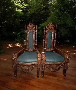 Leather Upholstery Dark Wooden King Chair Throne Chair Pair - Picture 1 of 1