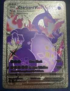 Pokemon Charizard Card VMAX Purple Gold Metal Display Card Fan Art Collectible - Picture 1 of 2