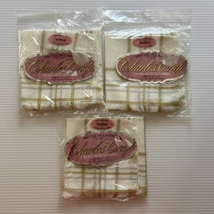Charles Craft Cross Stitch Napkins Lot (3) Plaid Ivory Gold Silver Fabric 13" SQ - Picture 1 of 4