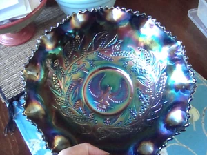 Black Amethyst Carnival Glass Master Bowl with PIPING SHRIKE 23cm - Picture 1 of 19
