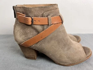 Lucky Brand Sz 9.5 Haryson Peep Toe Ankle Boot Suede Block Heel Leather BEIGE - Picture 1 of 8