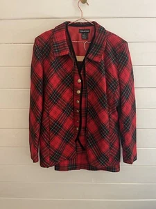 VINTAGE HALSTON 3 Pc Wool Skirt Suit Red Black Plaid Sz 12/14 BLAZER SKIRT VEST - Picture 1 of 11