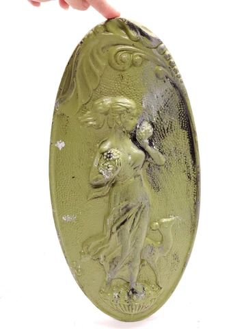 Victorian Cast Iron Relief Plaque Art Nouveau Oval Woman Wine Grapes Deer VTG Cover