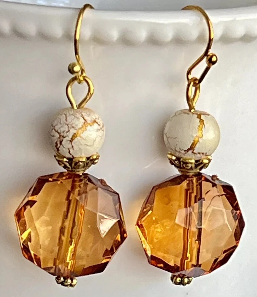 Ivory, Gold Crackle and Vintage Tortoise Bead Earrings. Light Weight. - Image 1 of 1
