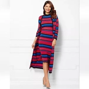 New York & Company Eva Mendes Collection Stripe Cecilia Sweater Duster Red Sz M - Picture 1 of 11