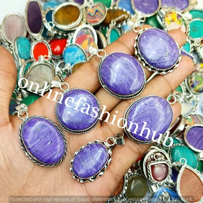 Lote de 10 colgantes de diseño enchapados en plata de ley 925 con piedras preciosas Charoite de Año Nuevo Foto 1 de 4