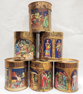 6 Vintage Germany Otto Schmidt Nuremburg 5" tall Lithograph Tea Tins Canisters - Picture 1 of 9