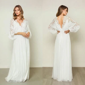 Wedding Dress Ivory A Line Flower Lace 3/4 Sleeve V Neck Backless Layered - Picture 1 of 12
