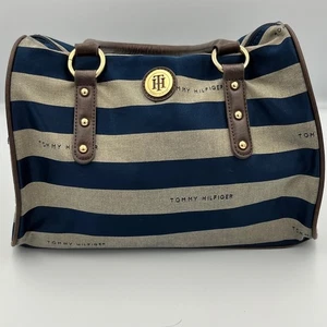 Tommy Hilfiger Satchel Bag Navy Tan Striped Barrel Handbag Purse Travel - Picture 1 of 16