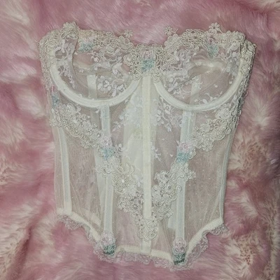 Vtg Victoria's Secret 36 ivory pastel floral embroidered lace bustier corset - Image 1 of 4
