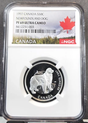 1997 CANADA SILVER 50 CENTS NEWFOUNDLAND DOG NGC PF 69 ULTRA CAMEO RARE GEM - Image 1 of 3