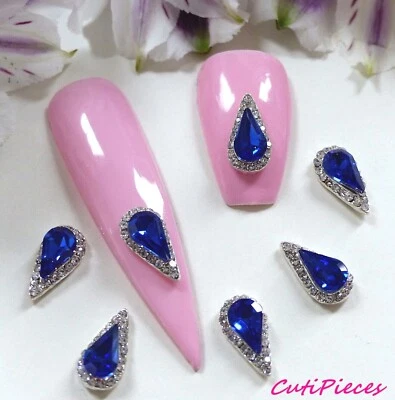 Lanza de lágrimas 3D arte en uñas estrás azul real marco plateado joya aleación gema Foto 1 de 3