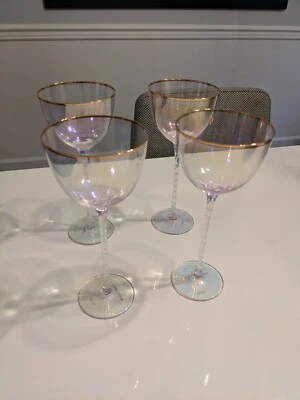 Anthropologie Alta 葡萄酒杯 4 件套全新带盒珍珠透明金边  — 第 1/3 张图片