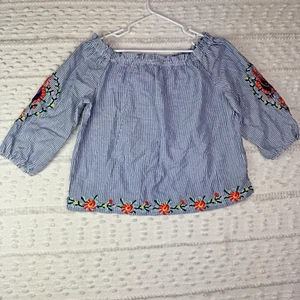 Solitaire Top Damen Gr. XL blau weiß gestreift bestickt schulterfrei geblümt - Bild 1 von 13