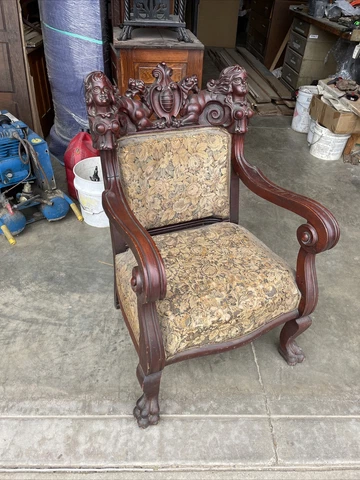 antique carved figural upholstered chair 48 x 3 1D by 28W Cover
