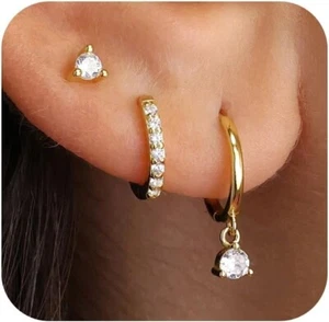 3 Pairs Gold Hoop Earrings Set 14k Gold Plated Hypoallergenic Stud Earrings - Picture 1 of 6
