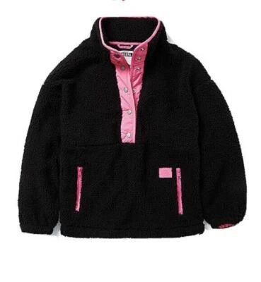Justice Sweatshirt  Sz 12 PLUS Sherpa Girls Black Barbie Pink Trim 1/4 Snap Cozy - Image 1 of 4