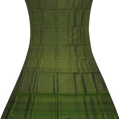 Vintage Green 100% Pure Silk Handwoven Sari Remnant 4YD Craft Fabric Silk Scrap - Image 1 of 4