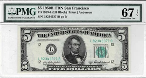 1950B $5 Federal Reserve note-fr.1963-L (San Francisco) PMG 67 EPQ-Only 1 Finer! - Picture 1 of 6