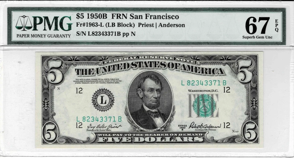 1950B $5 Federal Reserve note-fr.1963-L (San Francisco) PMG 67 EPQ-Only 1 Finer! - Image 1 of 4